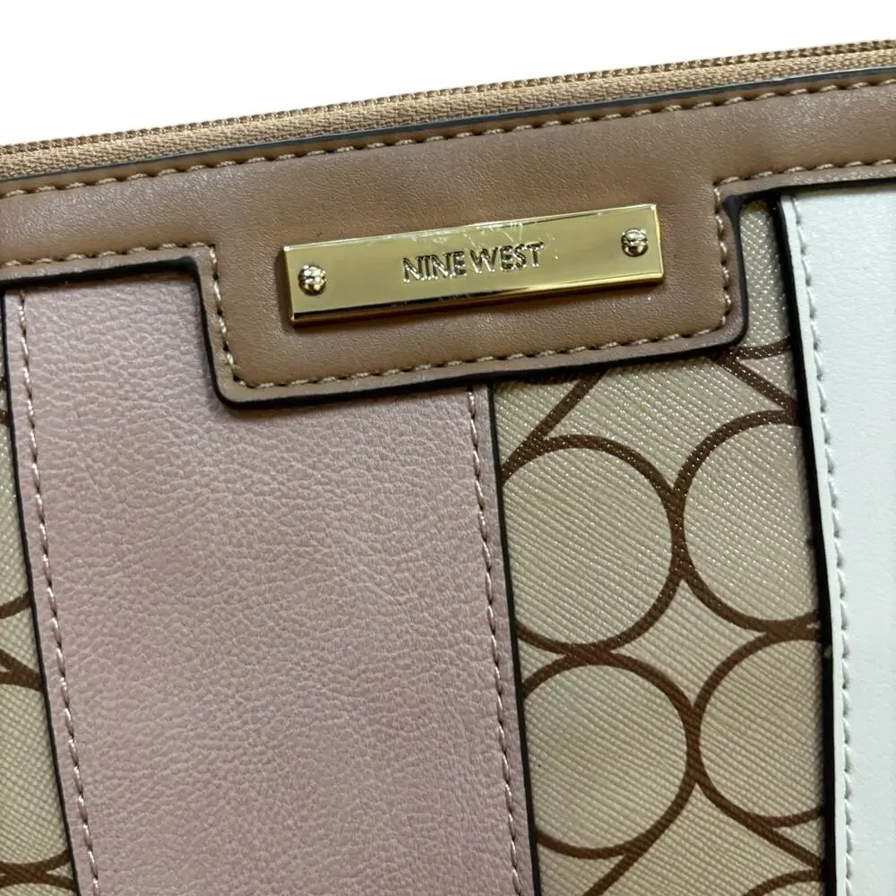 Nine West patchwork stripes wristlet pouch mini clutch purse bag tan zip top